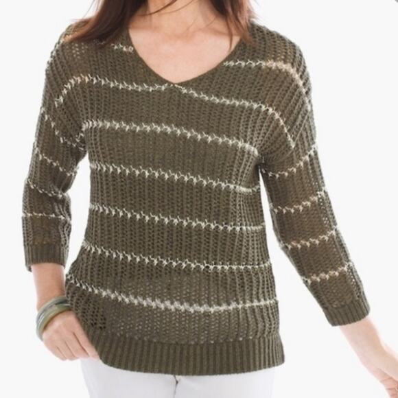 Chico's Shine Striped Charlotte Pullover Sweater Knit green M - Picture 1 of 11